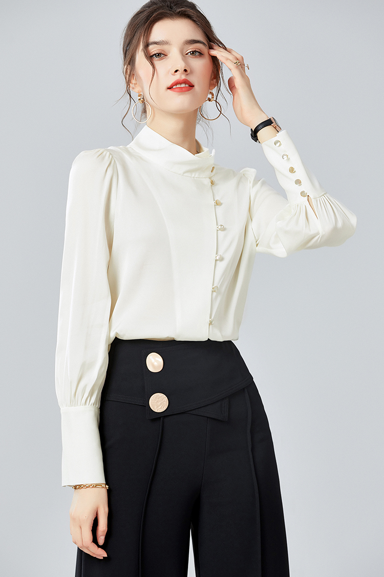 设计感斜扣真丝衬衫女长袖 014085欧货立领纯色重磅桑蚕丝上衣秋